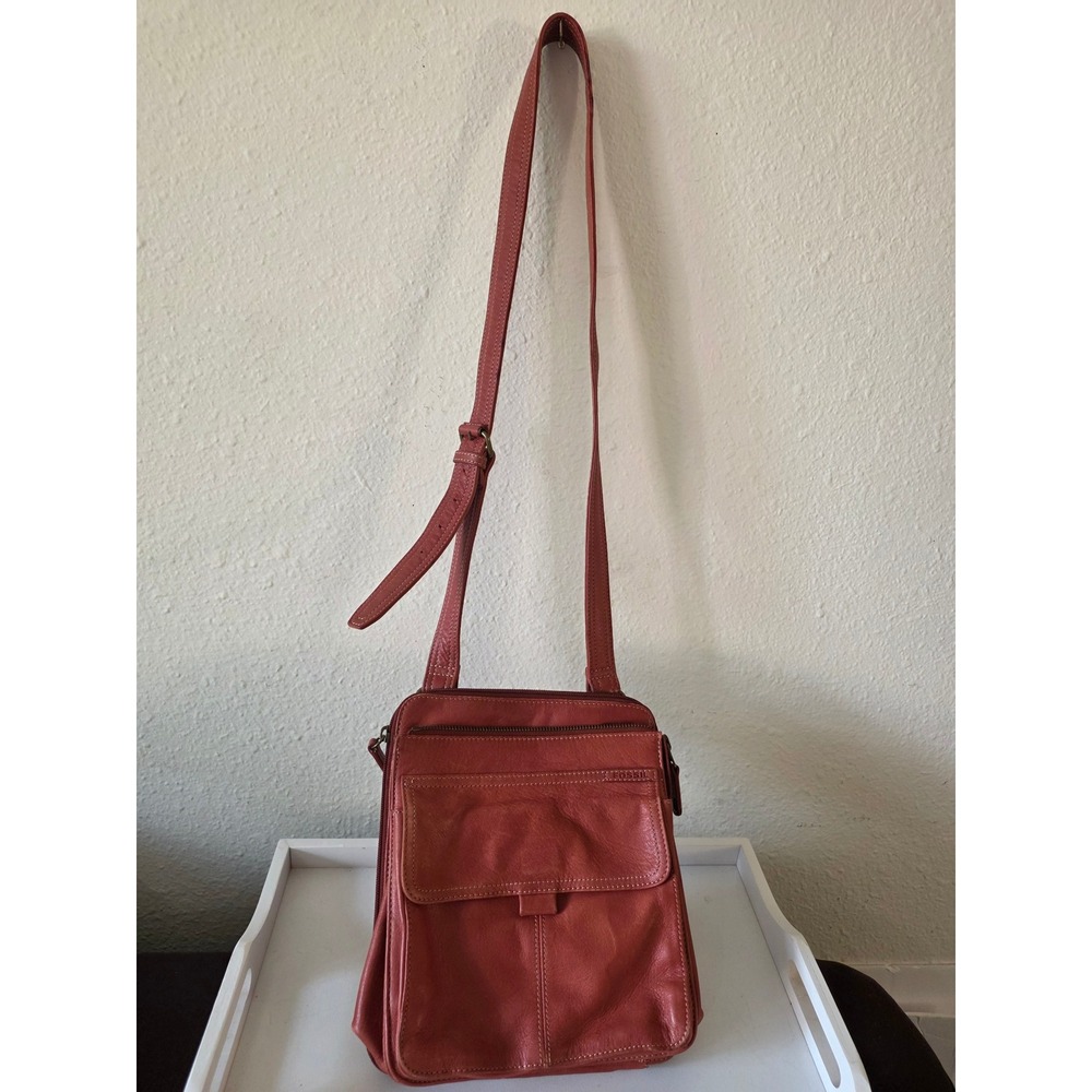 Fossil Women Red Leather Crossbody Bag Organizer Purse Adjustable Strap ID Slot